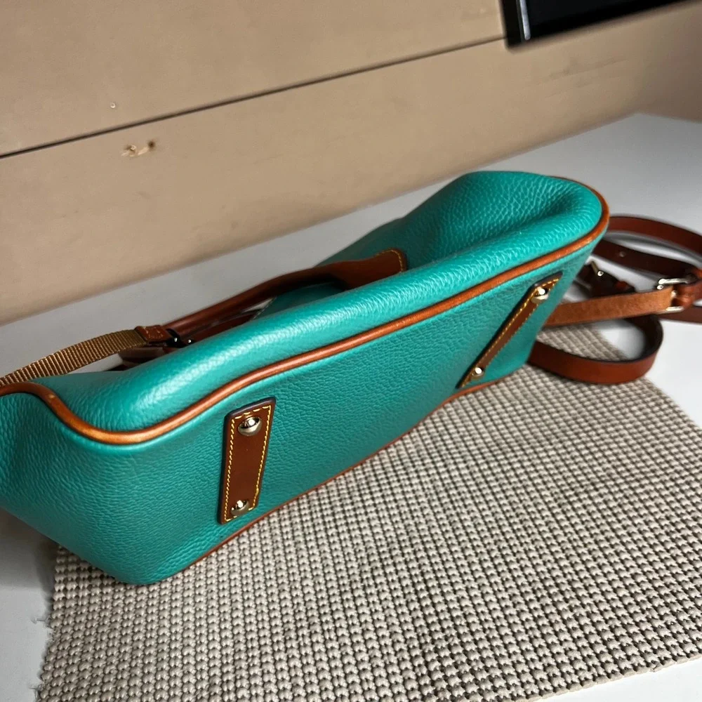 Dooney & Bourke Teal Pebbled Leather Satchel Crossbody Bag Brown Trim